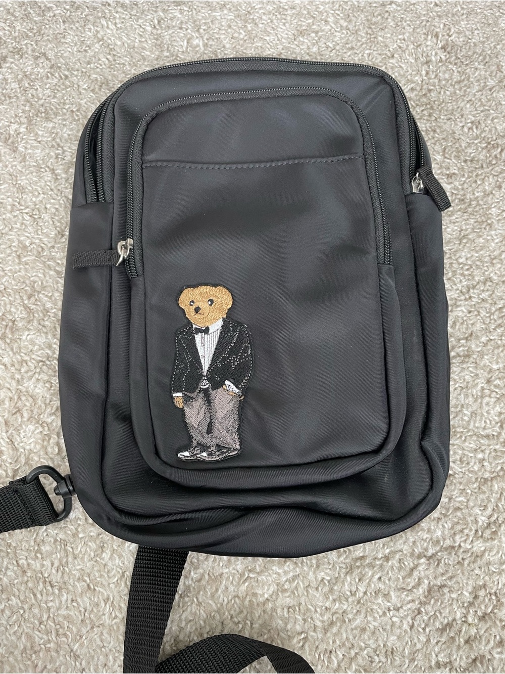Black Crossbody Bag with Embroidered Bear
